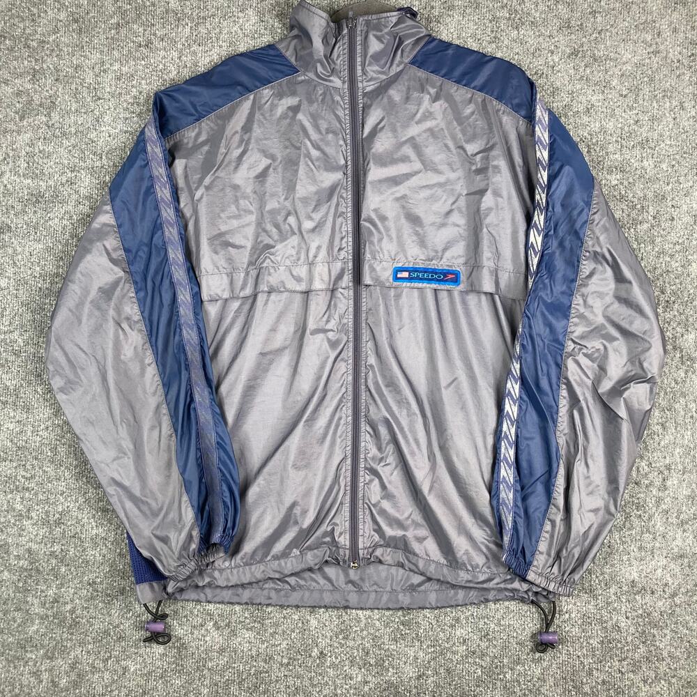 Speedo Windbreaker Jacket Mens L Gray Navy Full Zip Vintage Track‎ Lightweight